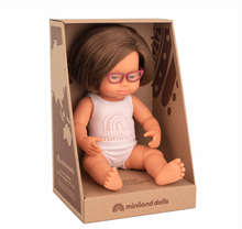 Load image into Gallery viewer, Caucasian Brunette Girl Doll with Down Syndrome and Glasses