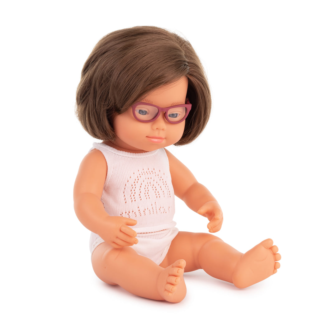 Miniland Caucasian Brunette Girl Doll with Down Syndrome and Glasses