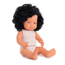 Load image into Gallery viewer, Miniland Caucasian Curly Black Hair Girl Doll
