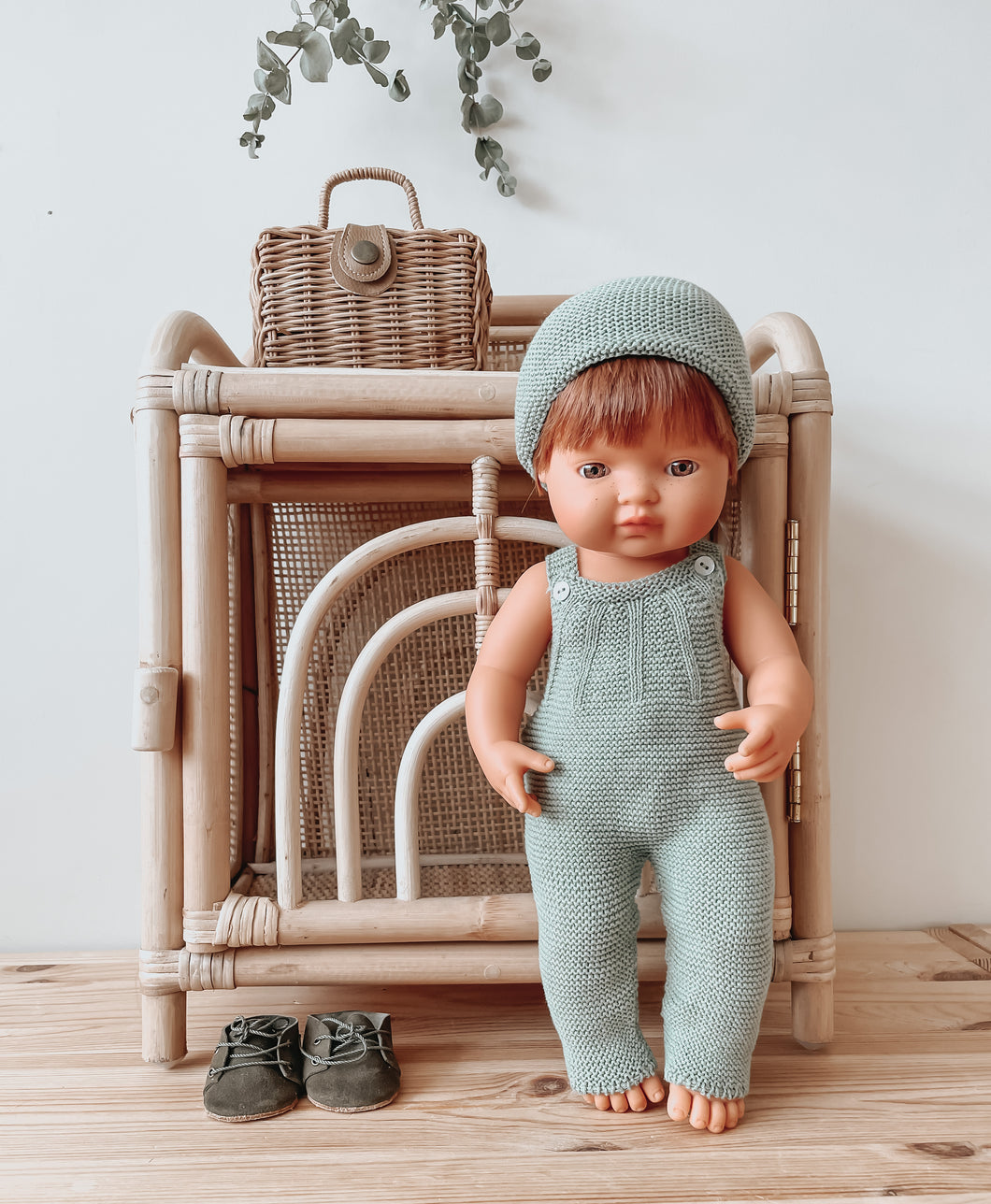 Knitted Doll Overall & Beanie Hat Set - Dusty Green