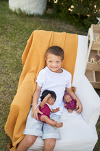 Load image into Gallery viewer, Sand and Burgundy Doll Romper and Bandana Set