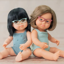 Load image into Gallery viewer, Miniland Caucasian Asian Girl Doll with Glasses and Romper
