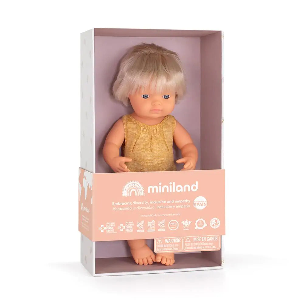 Miniland Caucasian Blond Girl Doll with Cochlear Implant and Romper