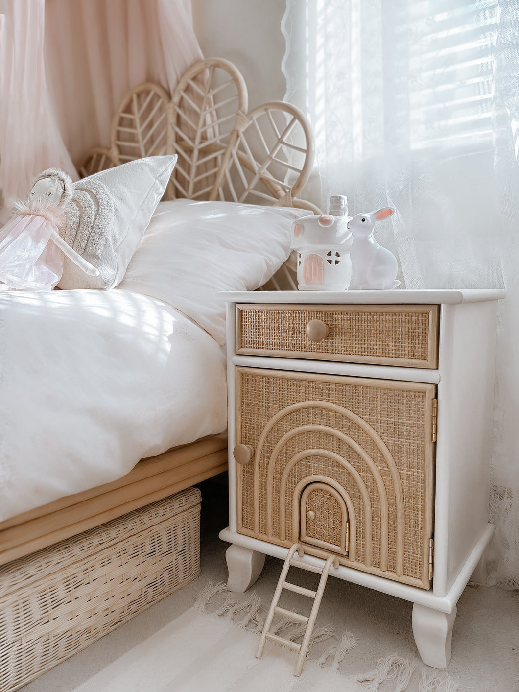 The Night Wonder Bedside Table - Rattan & White Wood
