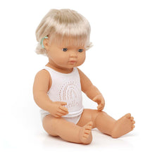 Load image into Gallery viewer, Miniland Caucasian Blond Girl Doll with Cochlear Implant
