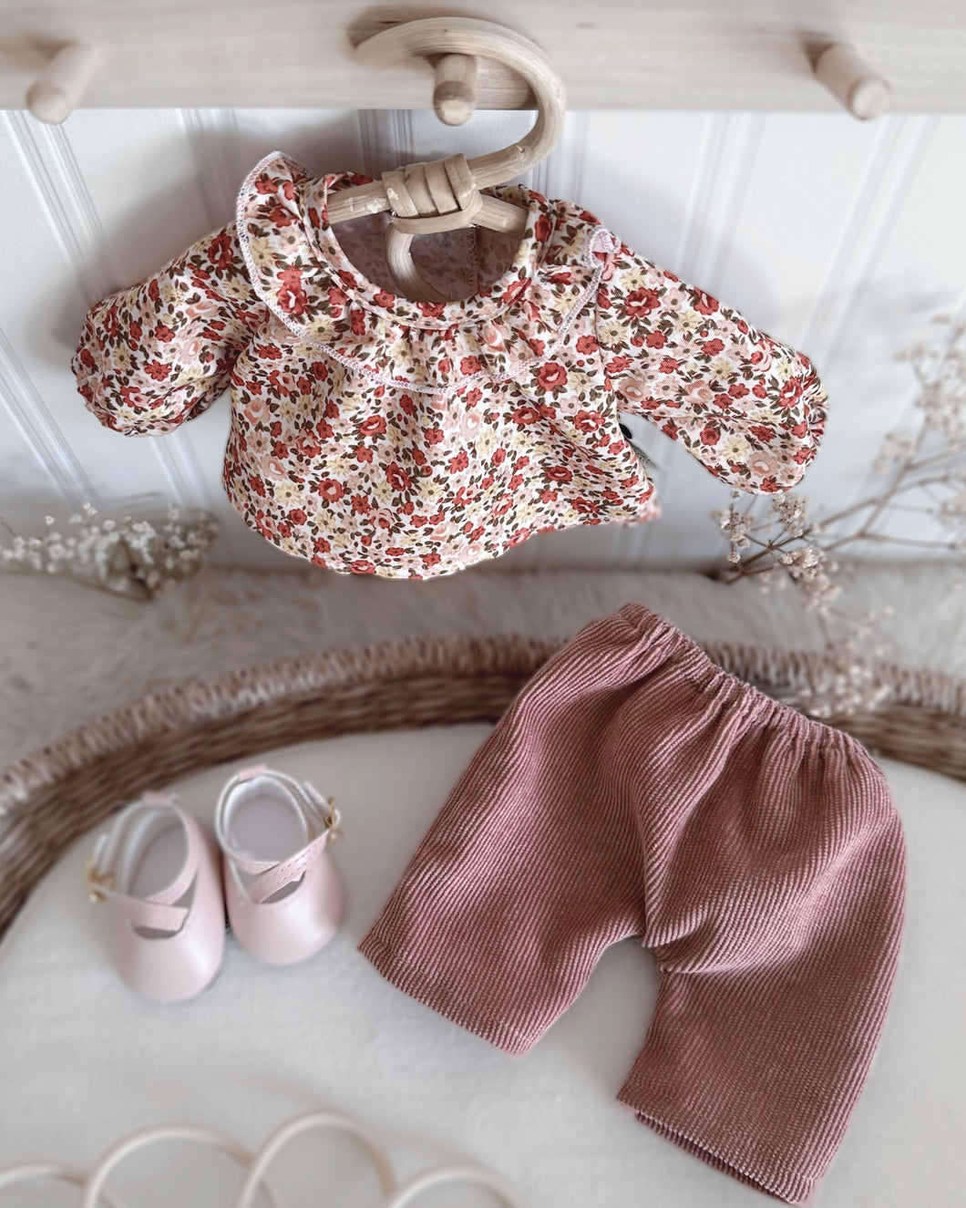 Floral Ruffle Shirt and Pink Corduroy Trousers Set